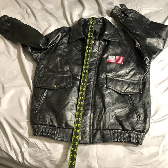Vintage Men's Leather Jacket Large Patriotic Black Full Zip Collared Biker - Picture 7 of 16